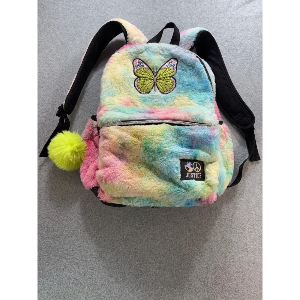 Justice Girls Rainbow Tie Dye Faux Fur Butterfly Backpack with Pom Pom Keychain